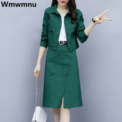 Fashion Slim Spring Skirt 2 Piece Set Casual Short Jacket + Vintage Split Belt Midi Straight Faldas Ensembles Korean Conjuntos