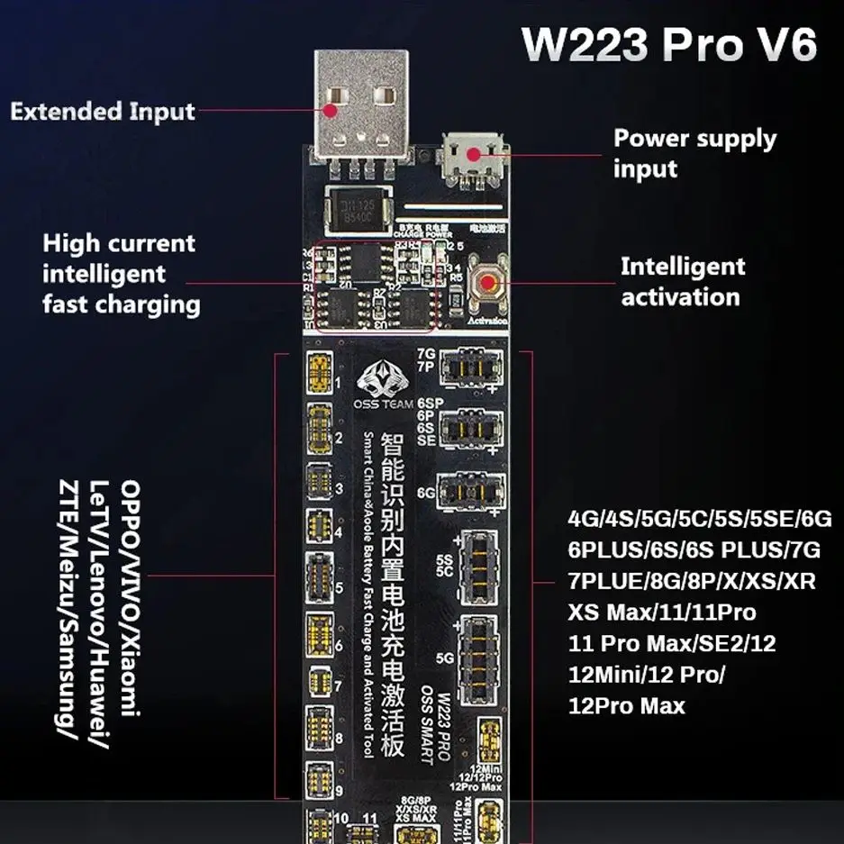 OSS W223 Pro/V6 Intelligent Identification Mobile Phone Battery Activation Board for 4 to 12 Series Fast Charging Tools