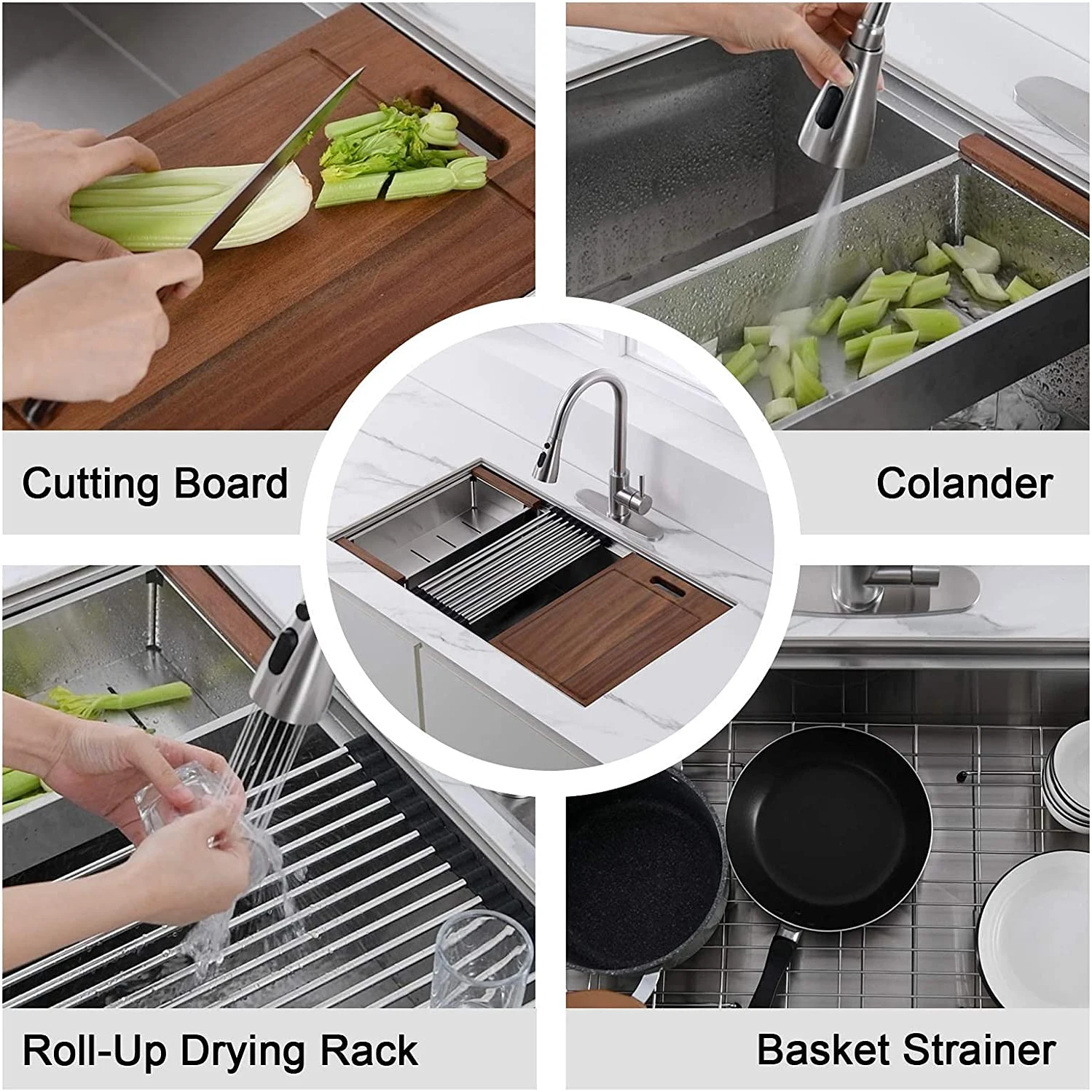 Aquacubic OEM 30 Inch Multi-functional Handmade SUS304 Stainless Steel Undermount Kitchen Sink with Accessories