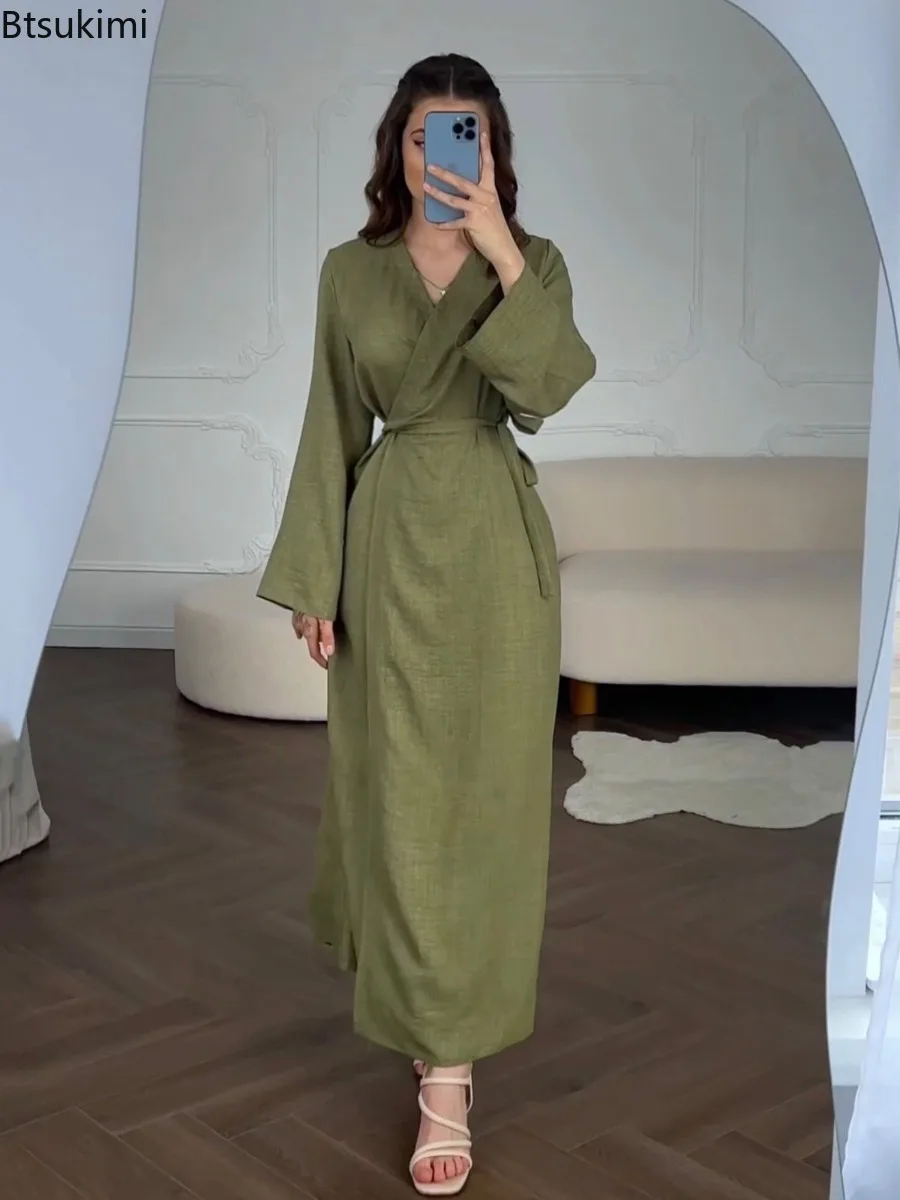

Muslim Women Dresses Solid V-neck High Waist Lace Up Maxi Dress Ramadan Morocco Casual Abaya Dubai Arab Kaftan Islam Modest Robe
