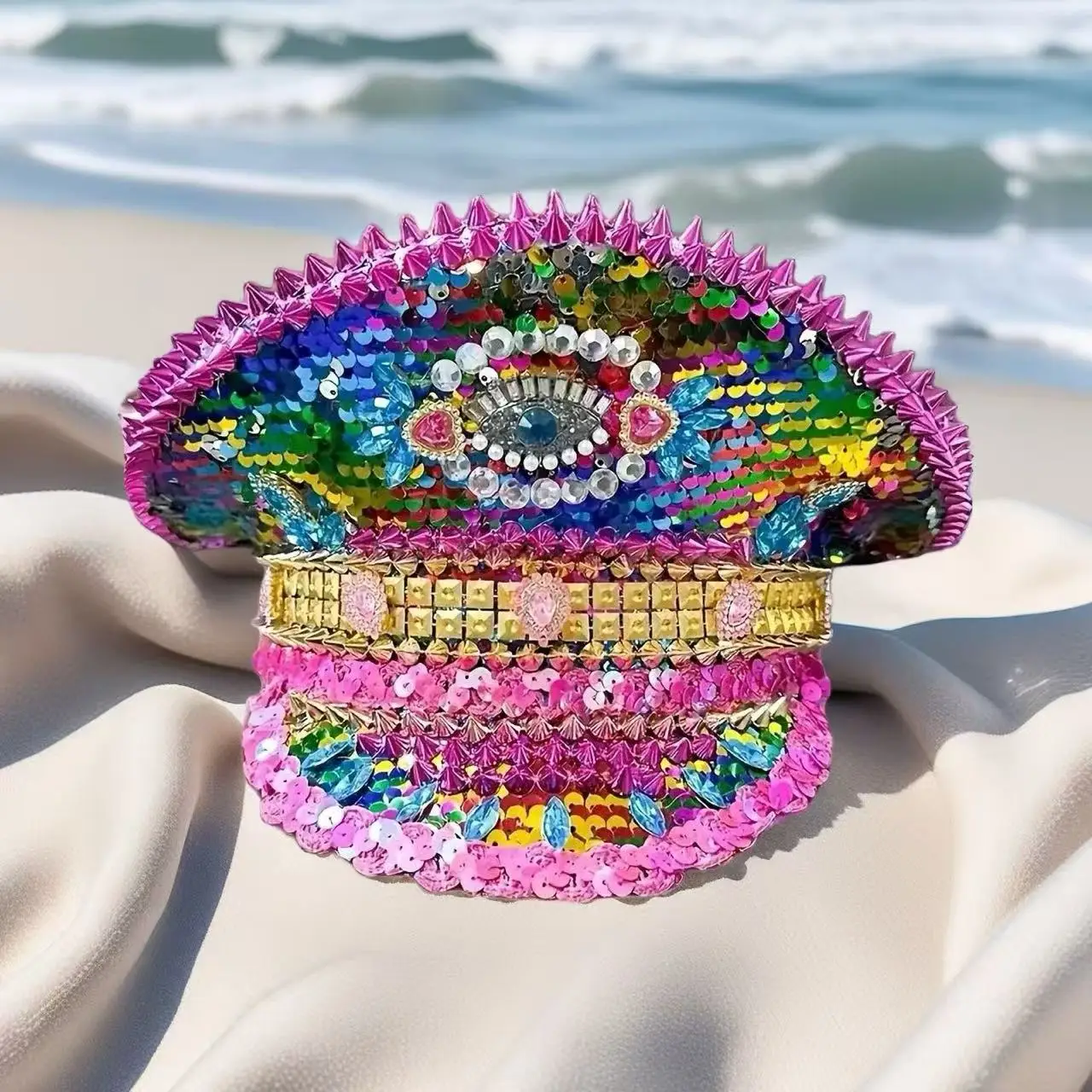 

HongLuan Colorful Halloween Costume Hat, Captain Hats Rhinestone for Burning Man Festival Woman, Cosplay Female Accessories