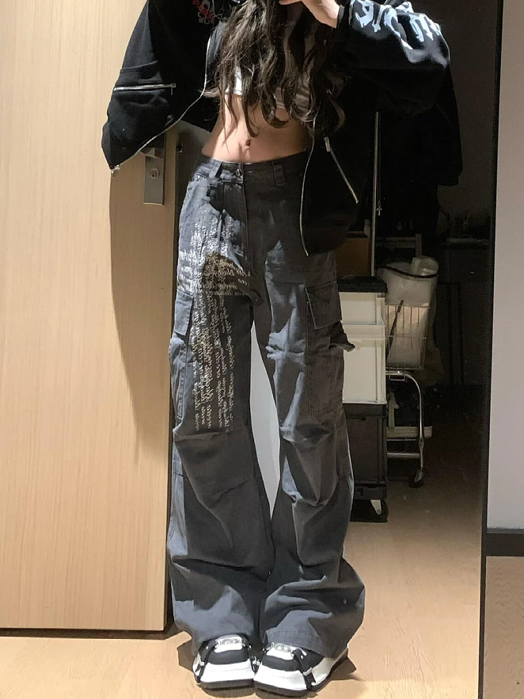 

plus Size American Retro Letter Print Workwear Jeans Women's Autumn Spicy Loose Versatile Casual Wide Leg Long Pants