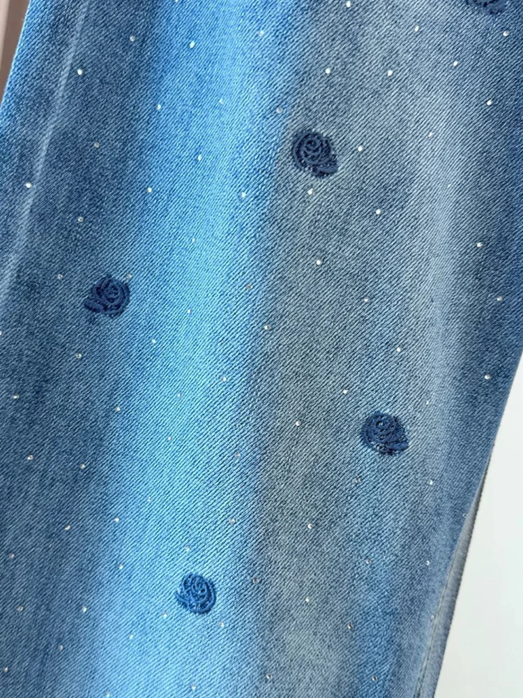 

Женские джинсы с цветочной вышивкой и стразами, синие прямые брюки с высокой талией, элегантные французские модные осенние джинсовые брюки