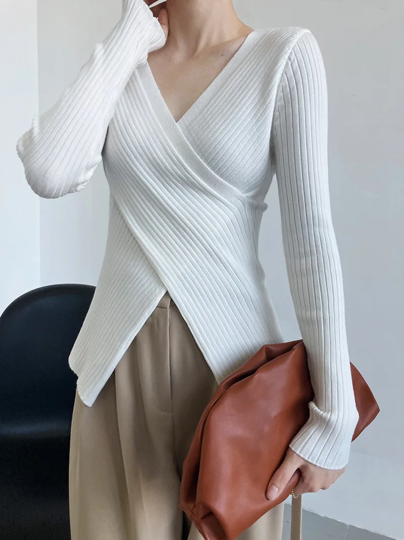 Women's Solid V-neck Sweater Clothing, Casual Cross Long Sleeve Sweater, Casual Tops For Fall & Spring
