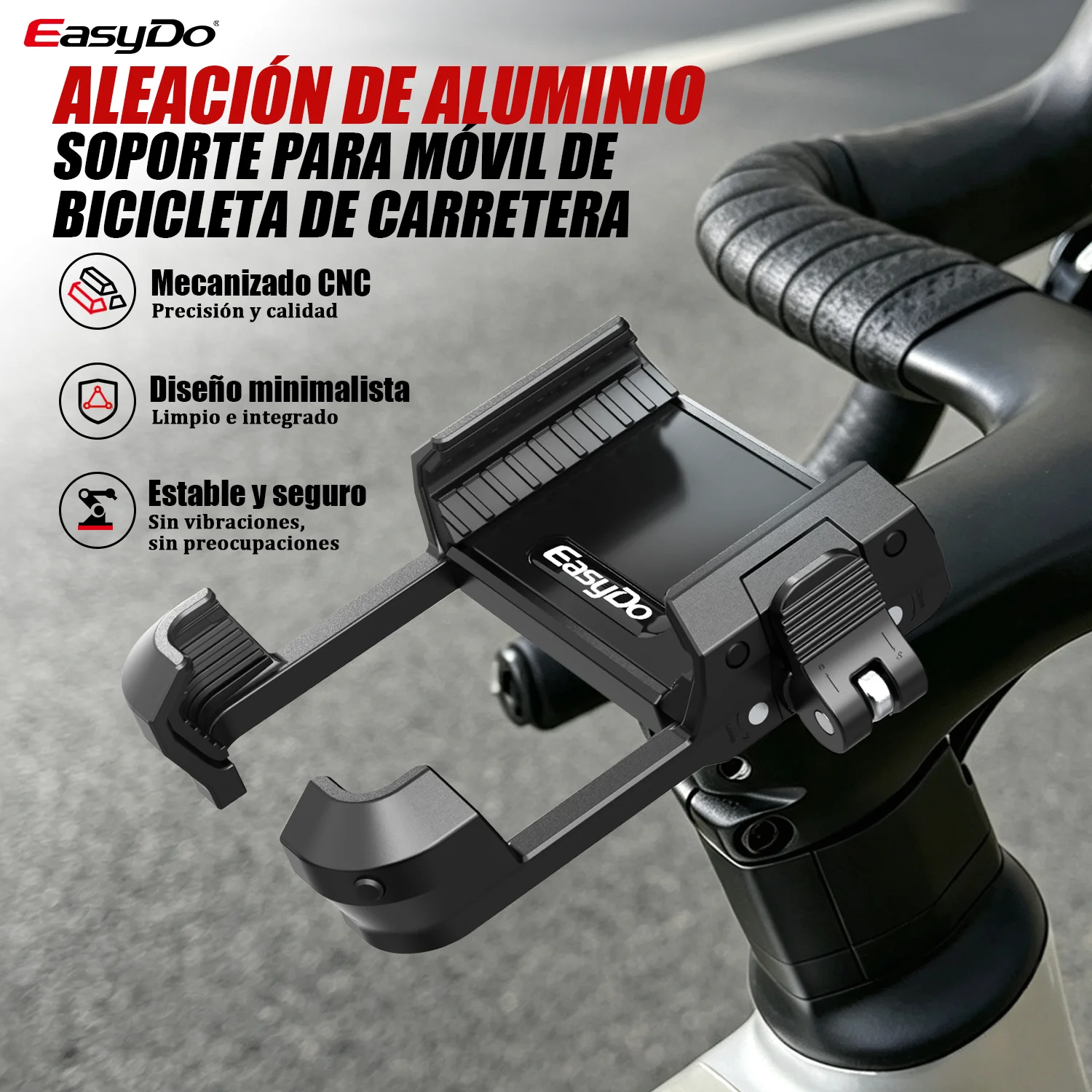 Soporte de teléfono para bicicleta Easydo, antivibración, de aluminio, con tapa de dirección, montaje de teléfono con perno M6 para bicicleta de carretera y gravel.