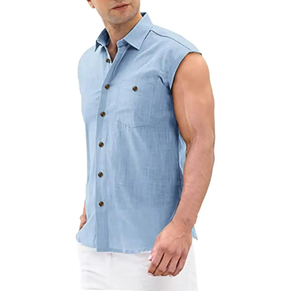 Men Shirt Solid Color Sleeveless All Match Simple Colorfast Summer Top for Daily Wear camisa masculina chemise homme ropa hombre