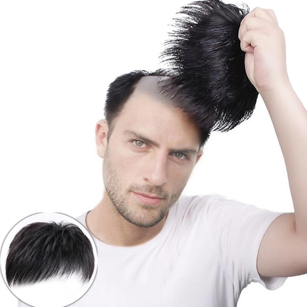 Men Clips-On Short Hair Wig Synthetic Head Top Replacement Block Natural Black Seamless Hair Patch Comfortable Hairpiece for Man