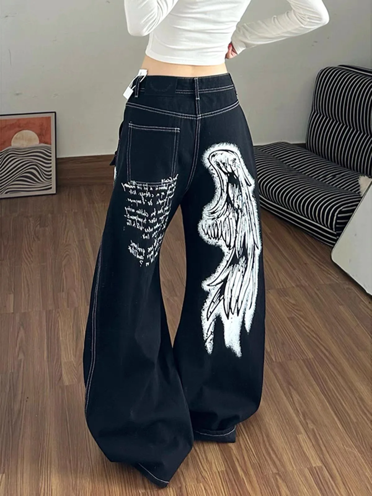 Loose Vintage Graffiti Print Wide Leg Pants Women's Autumn New Style Pear Body Shape Lazy Long Trousers High Waist Denim