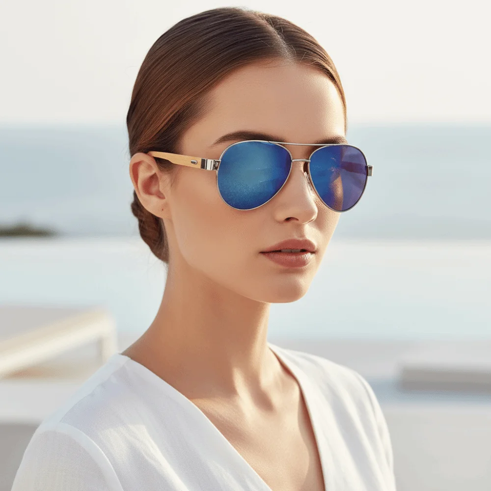 

Bamboo Wood Temple Double Bridge Shades Metal Front Frame Mosaic Color Legs Big Frame Sunglasses Gradient Tint Sturdy Hinge
