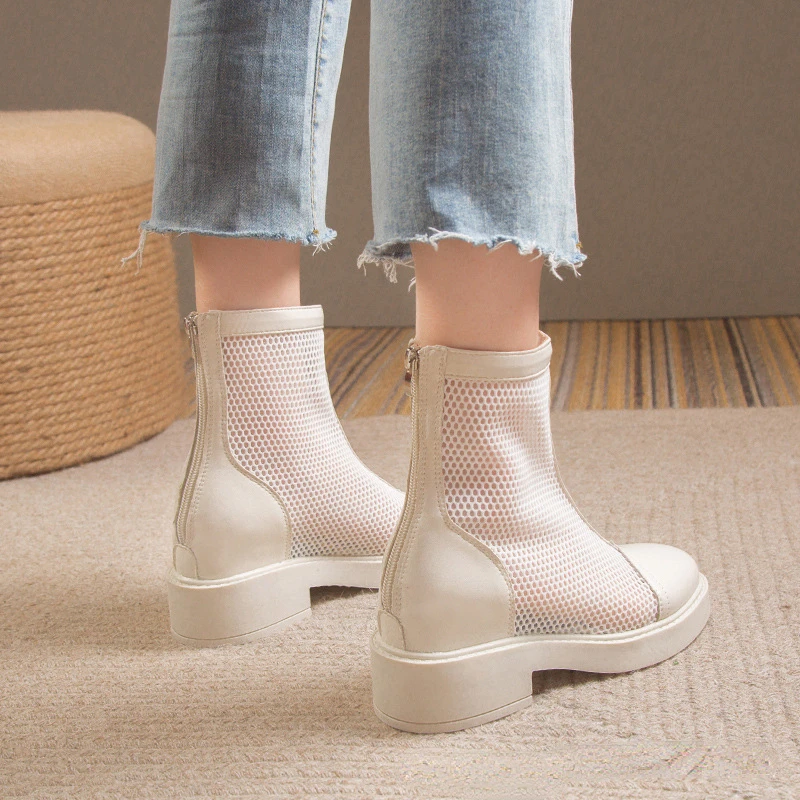 Mesh Hollow Chelsea Short Boots Women Summer Thin Section Breathable Thick Heel 6 Boots Female High Top Sandals Casual Shoe