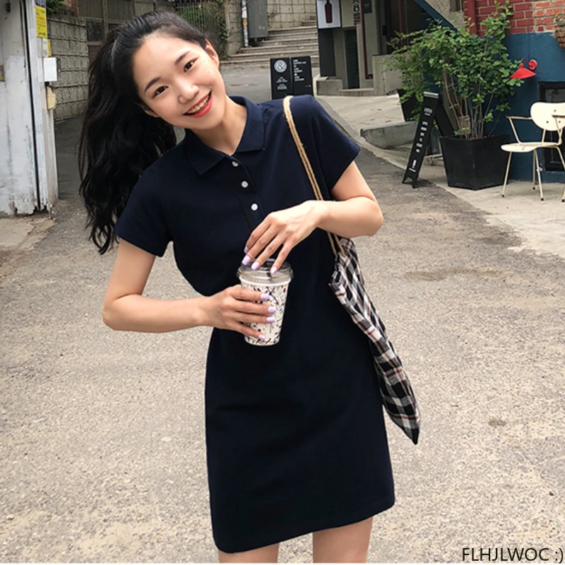 Abiti Casual in cotone moda donna 2024 New Chic Korea Japanese Preppy Style Girls Ladies Cute Mini Navy Blue t-shirt Dress