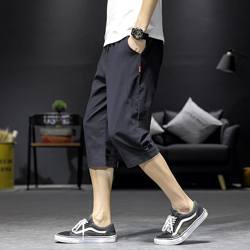 

Мужские летние легкие дышащие свободные брюки-харланы из хлопка и льна, повседневные, прямые, до середины икры