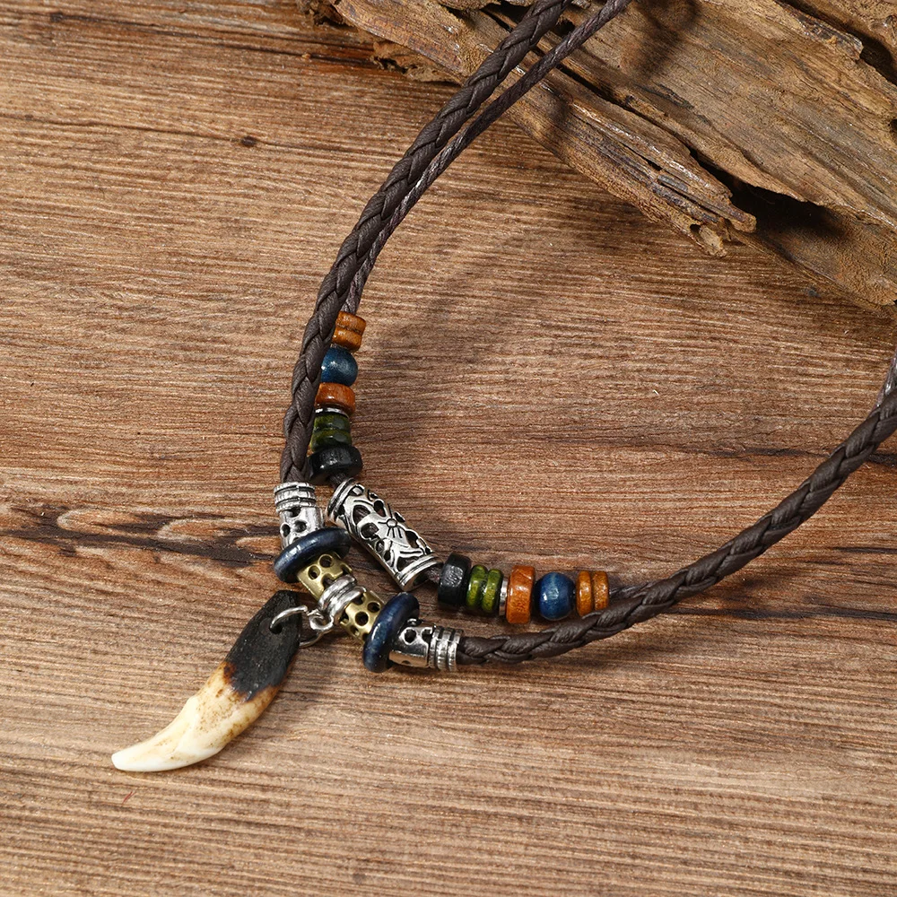 Men's Tribal Fang Tooth Pendant Necklace Adjustable Braided Leather Cord and Alloy Beads Vintage Boho Surfer Hippie Jewelry Gift