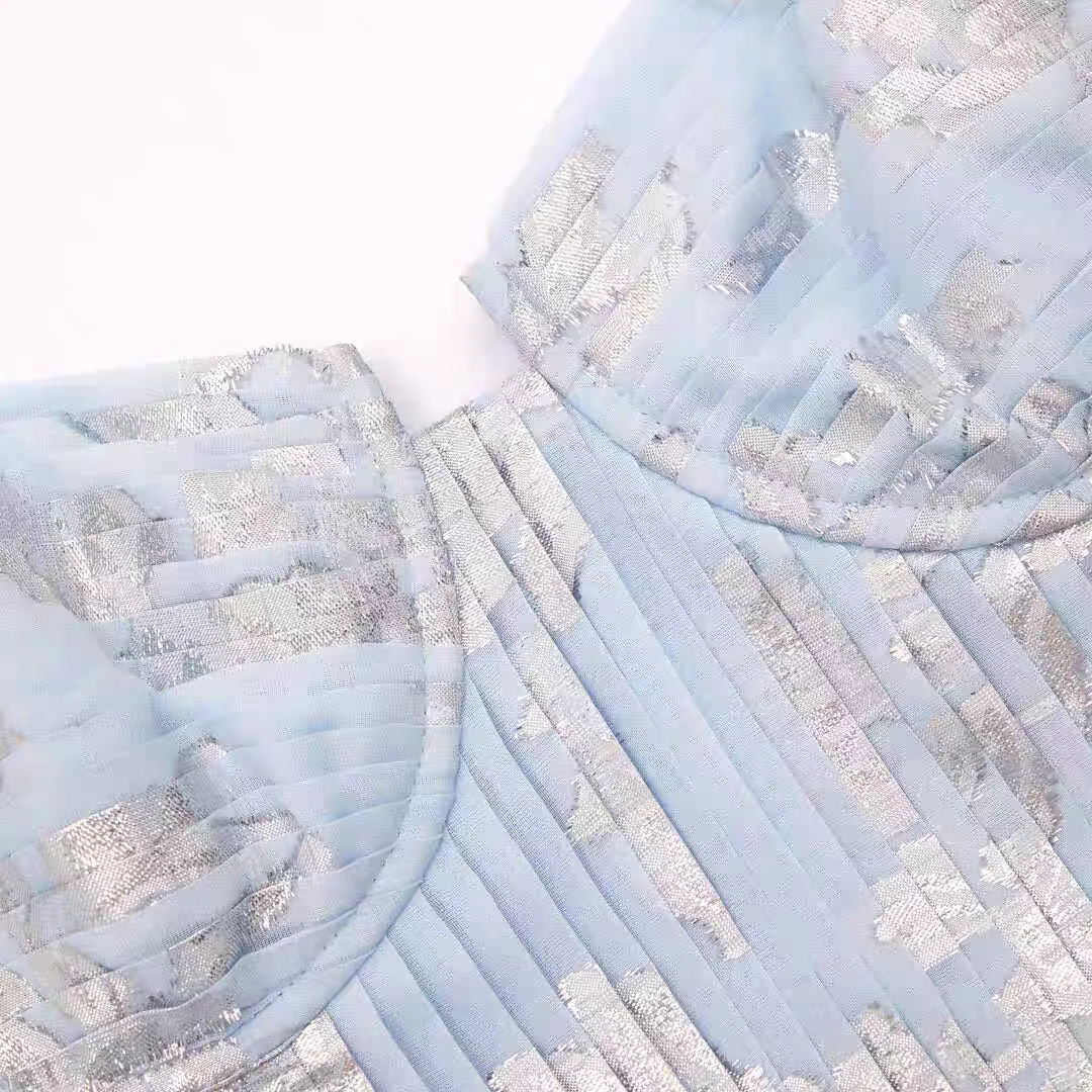 Spring/Summer Mushroom Edge Organ Pleated Ice Blue Weaving Silver Pleated Chiffon Sling Mid length Holiday Dress