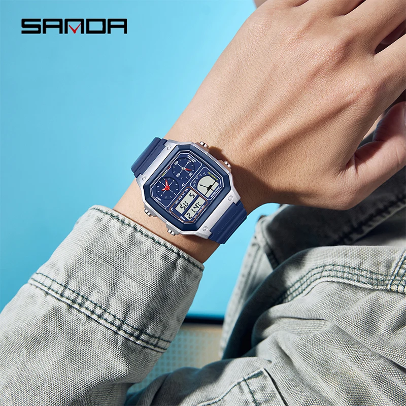 SANDA موضة جديدة الساعات الإلكترونية للرجال التقويم مضيئة مقاوم للماء الصلب حزام الرياضة ساعة يد رجالي هدايا reloj hombre