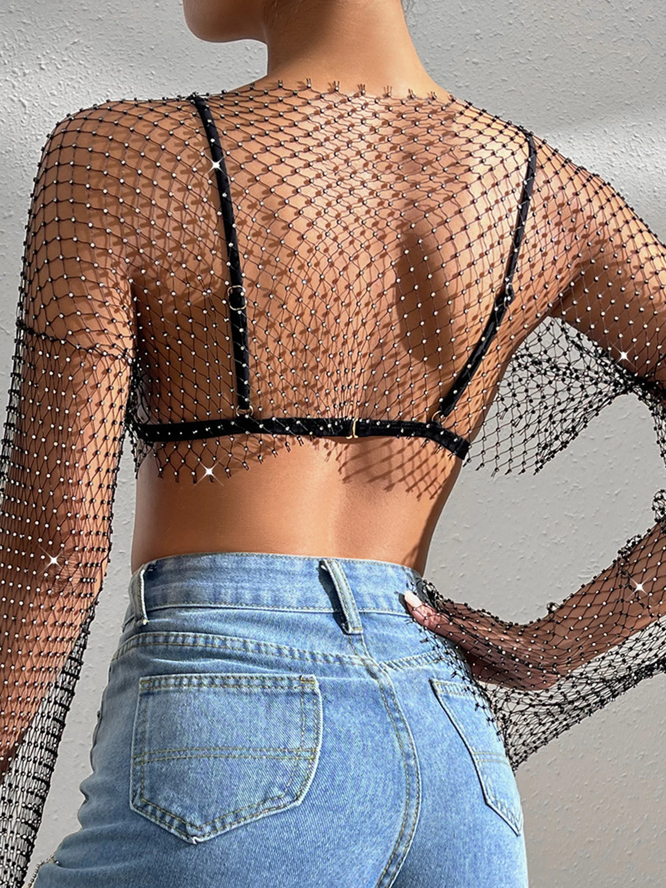Sexy see through rhinestone crop tops women summer fishnet beach tanks top club party tops for woman clothing long sleeve tees