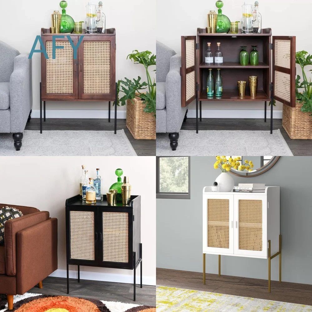 Rattan Dining Side Cabinet for American Retro Style Walnut Color Solid Wood Furniture Wholesale Cross Border Export Custom