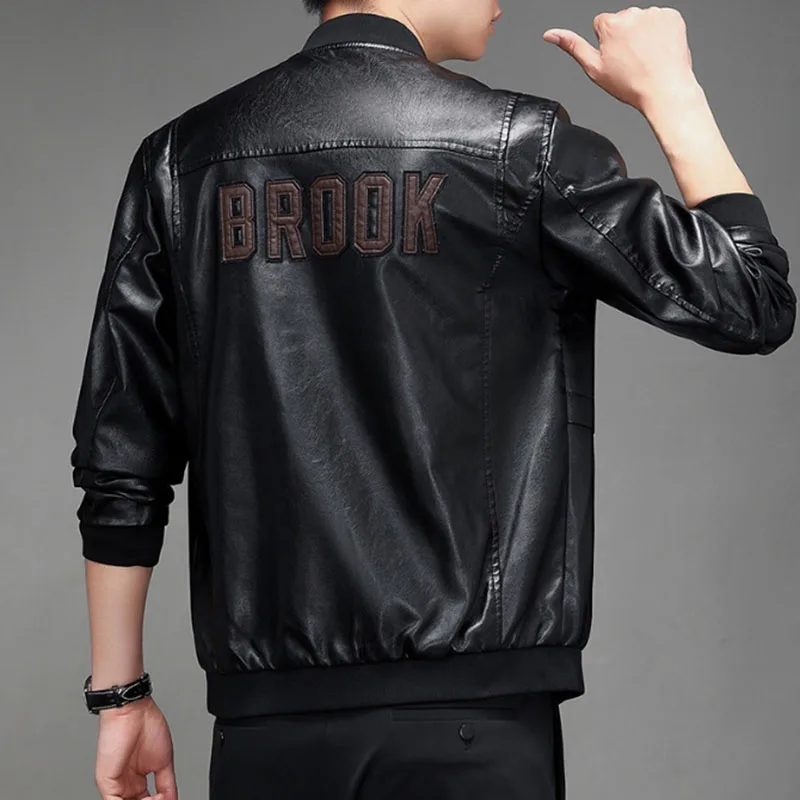 

New Men's Leather Jacket Trend Slim jacket Male Baseball Collar Pu Leather Motorbike Jackets Solid Color Causal Mens Outwear