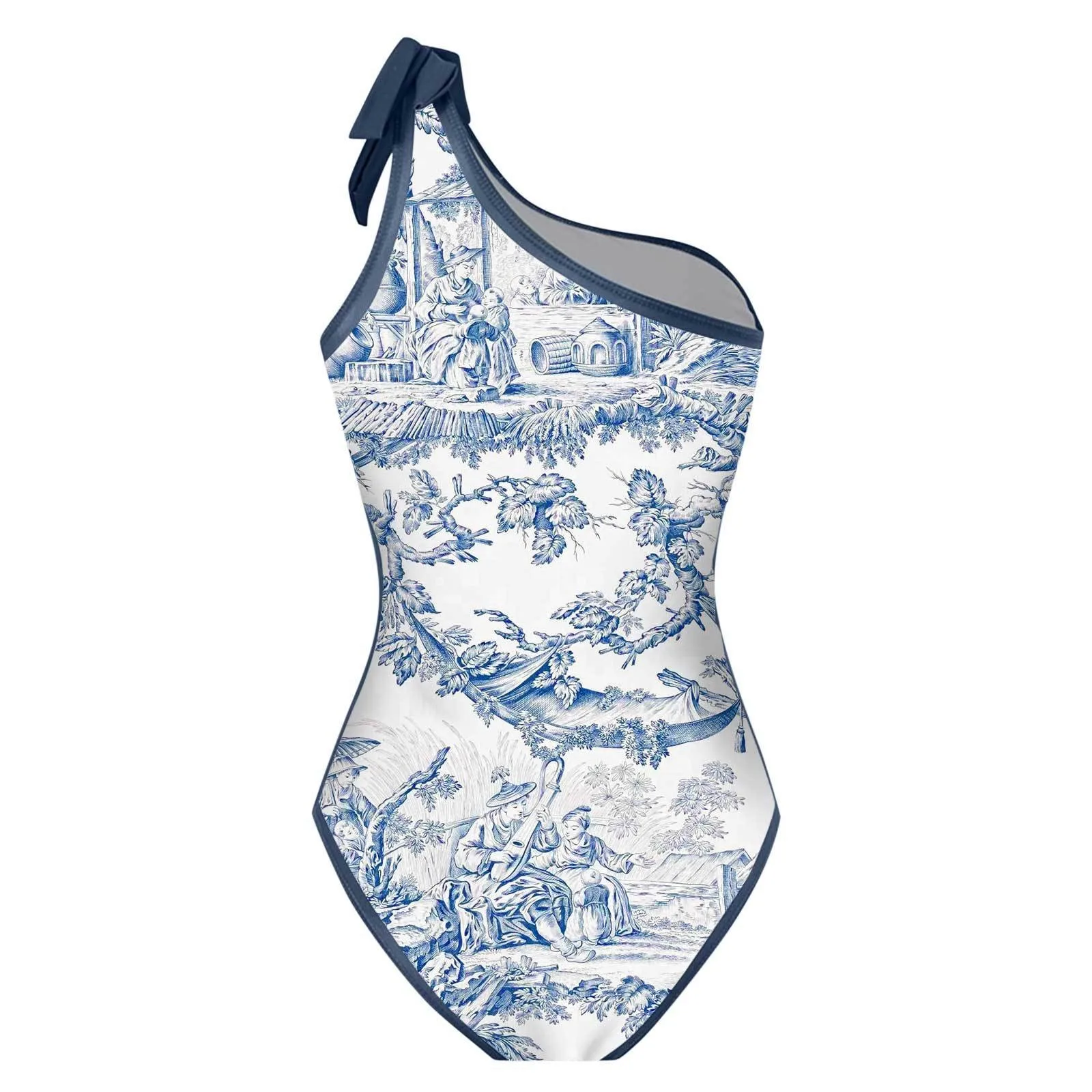 Woman Bikini Tankini Blue And White Toile Print Bikinis One Shoulder Ruffle Skirt Swimsuit Halter Neck High Waist Swimwear