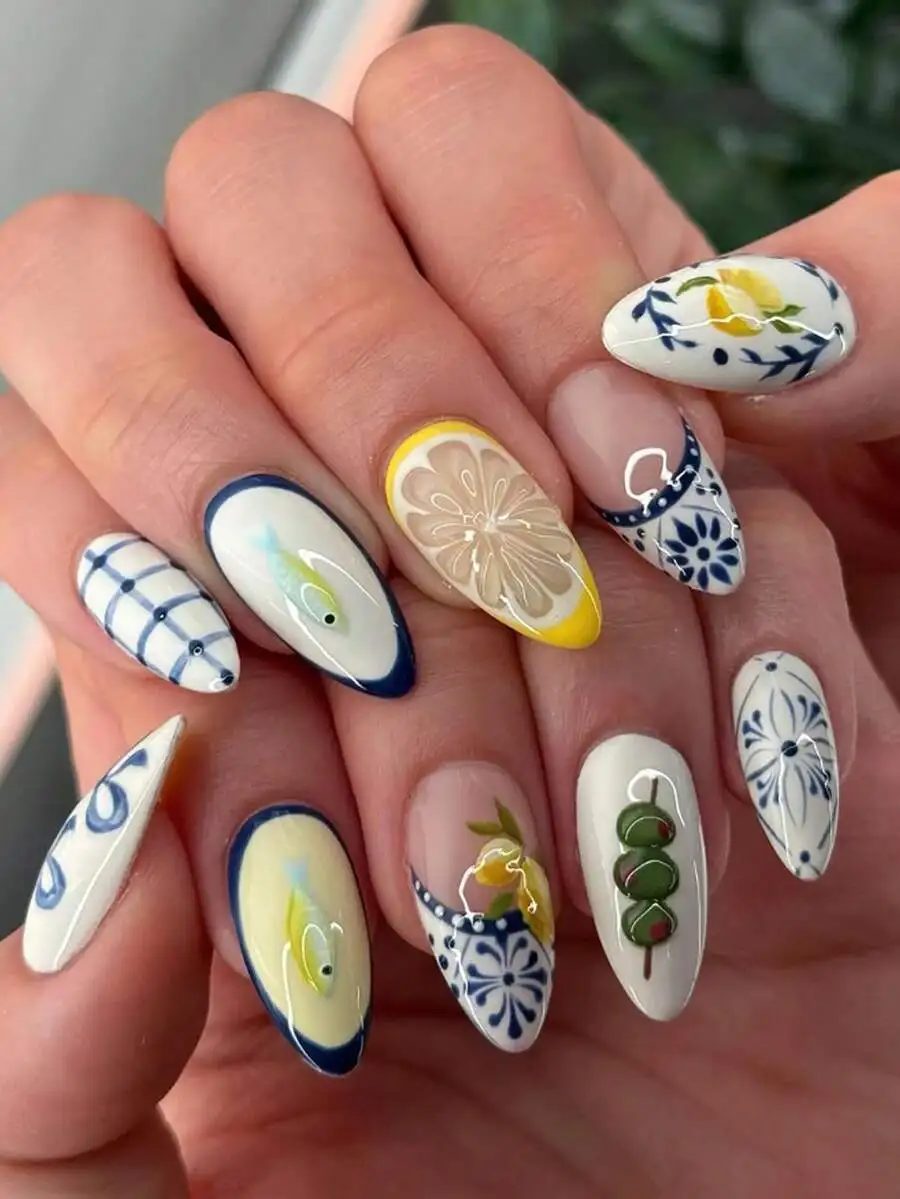 

24pcs/Set French Almond Shaped 3D Gel Nail Stickers, Lemon, Cute Fish, Blue Plaid, Bow Decor, Full Coverage Press-On Fake Nails,