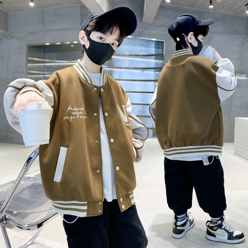 

2025 Spring Autumn Teenage Boy Baseball Jacket Uniform for Junior Kids Sports Coat Youth Child Casual Clothing Age 5 To 14 Years