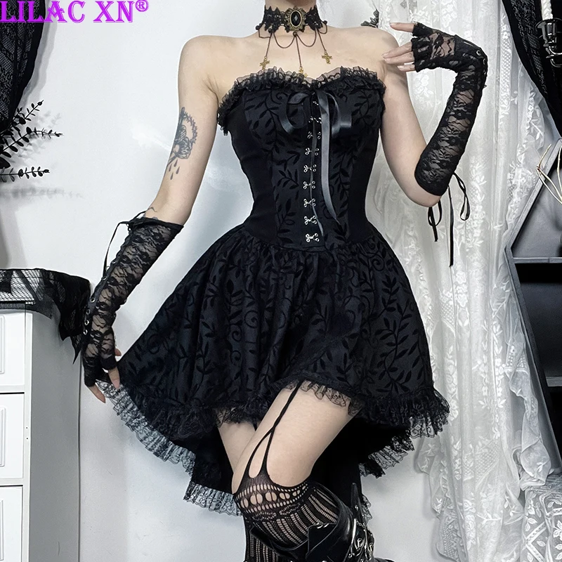 

Y2K Goth Black Lace Trim Strapless Cocktail Party Dresses Vintage Elegant Plant Print A-Line Corset Women Fashion Mini Dress