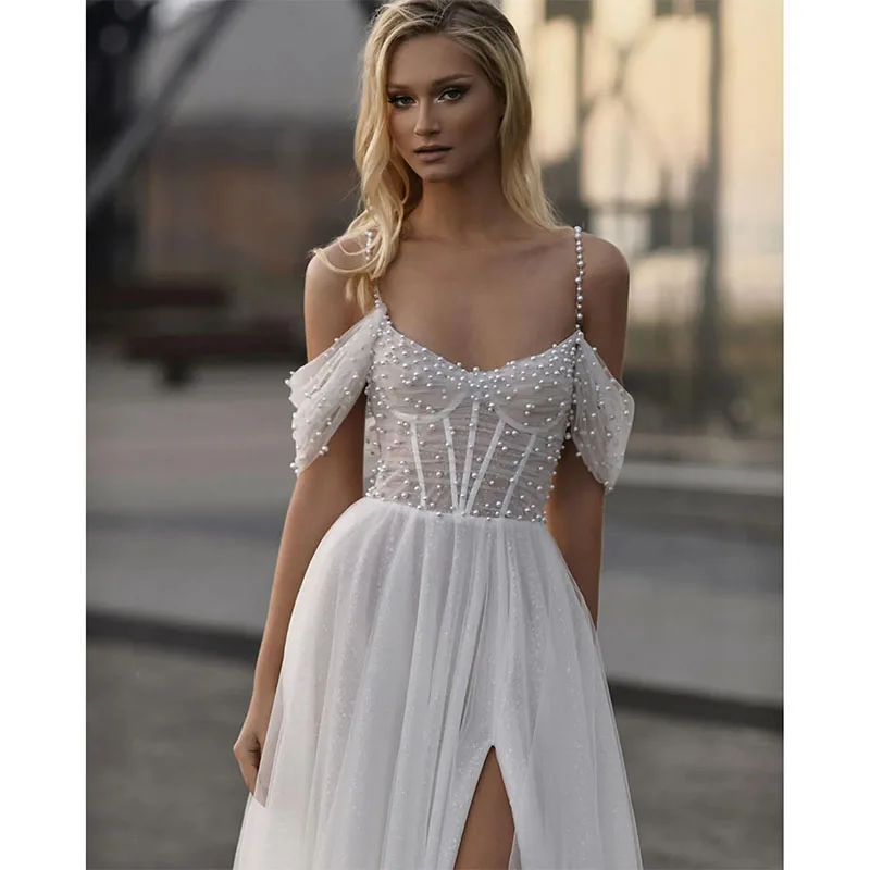 Exquisite A Line Wedding Dresses for Bride See Thr Lantern Sleeve Bridal Dress Beaded Wedding Annversary Gowns for Women