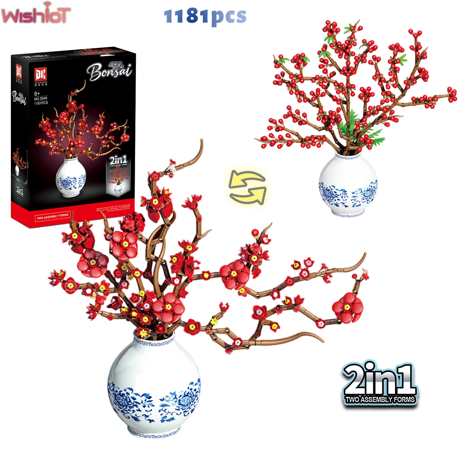 

1181PCS Plum Blossoms & Holly 2-in-1 Building Blocks Assembly Kit Potted Plants Flower Bouquets Home Ornaments Girls Toys Gifts