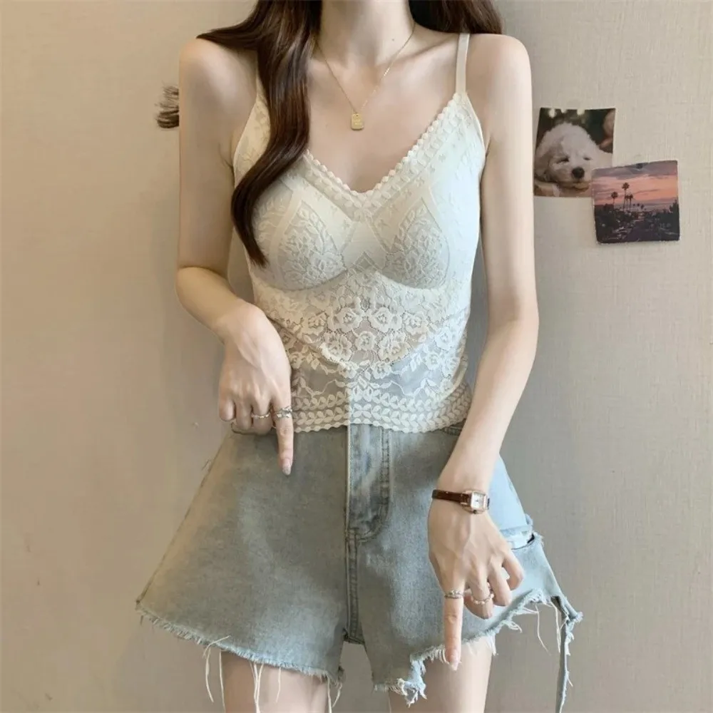 Fashion Built-In Chest Pad Lace Vest Beauty Back Slim Fit Camisole Seamless V-Neck Tank Top Women Wear
