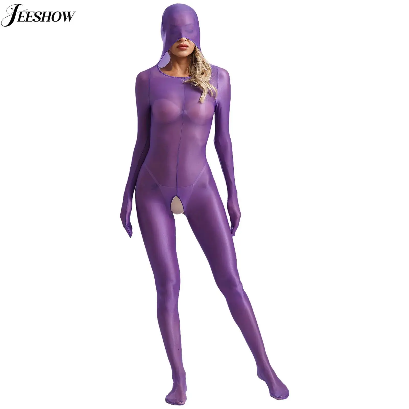 

Womens Sexy See Through Bodysuit Glossy Stretchy Ultrathin Full Body Cover Bodysuit Gloved Long Sleeve Crotchless Zentai Costume