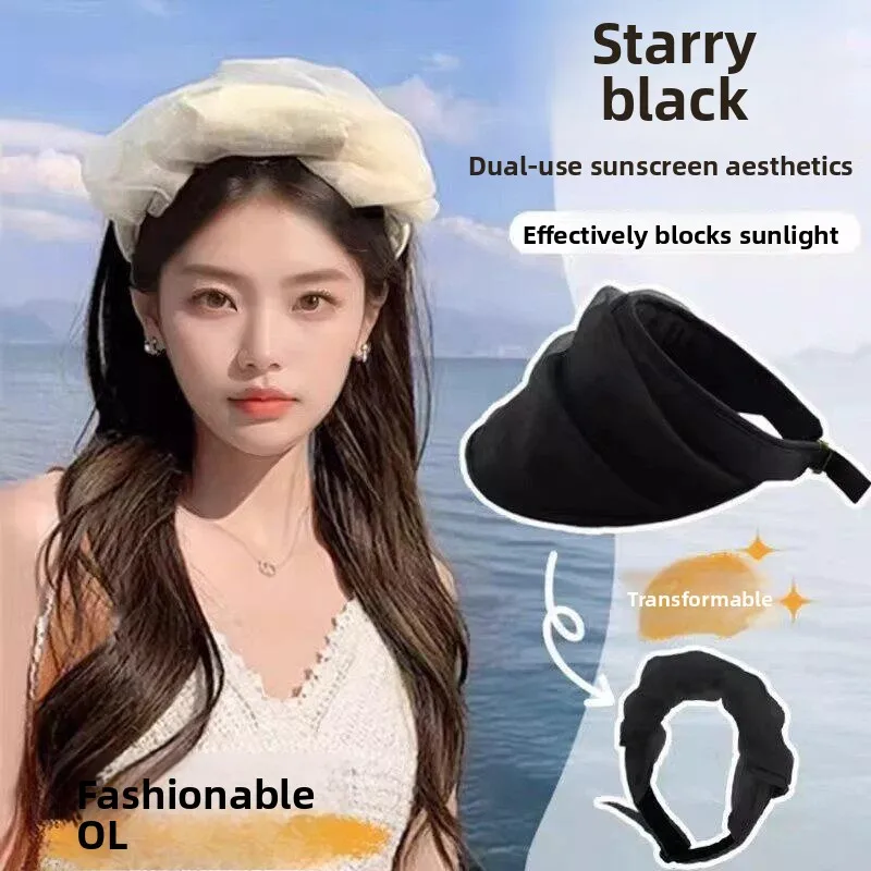 2026 New Black Mesh Hat Crumpled Empty Top Sun Protection Hat for Women Summer Travel Sunshade Hat Foldable Lightweight Polye...