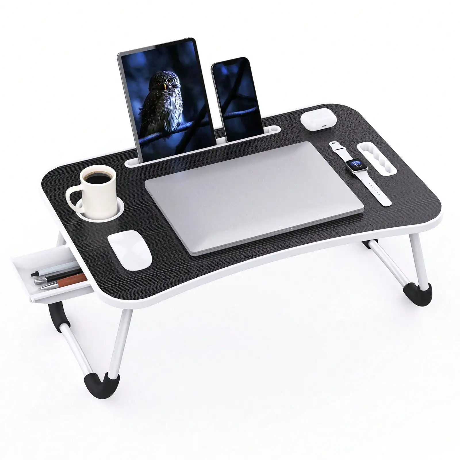 Folding Laptop Lap Desk With Side Storage Drawer Portable Ergonomic Bed Tray Lightweight Lap Table For Bedroom Study Reading Breakfast Outdoor Picnic Indoor Office Multi Purpose Use