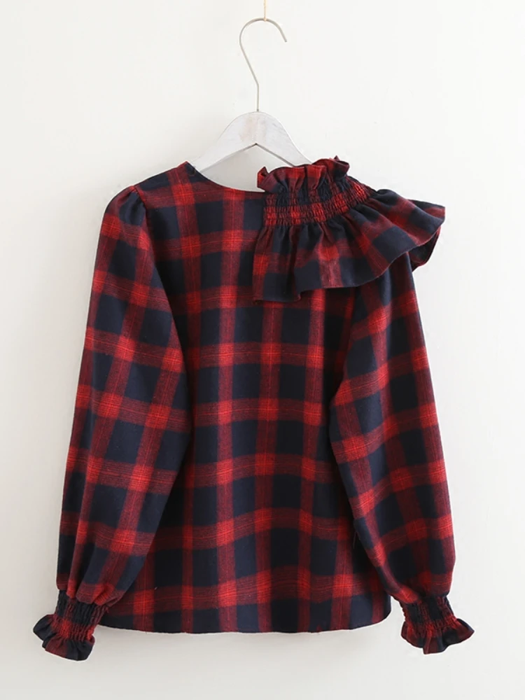 Spring Autumn Design Blouses Puff Sleeve Ruffles Patchwork Plaid Contrast Color Shirts All Match Casual Loose Women's Clothing