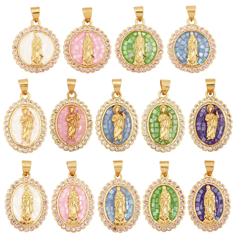 

Religion Style Virgin Mary Gold Plated Inlaid Shell Chips Charm Pendant, Jewelry Necklace Accessories Hand Making Supplies L49
