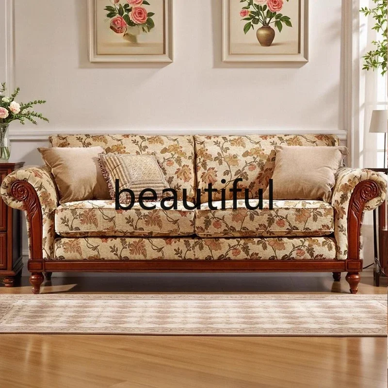 07A Solid wood fabric, retro villa bedroom living room living room three-person sofa