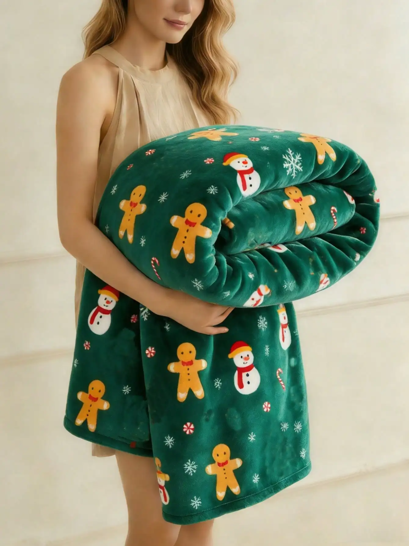 1pc Green Snowman & Snowflake Print Blanket, Living Room Sofa Throw, Shawl Blanket, Soft Warm Milk Plush Faux Fur Blanket, Travel Blanket, Bed Blanket, Leisure Blanket, Suitable For Living Room Sofa, Bedroom, Dorm, Balcony Decoration