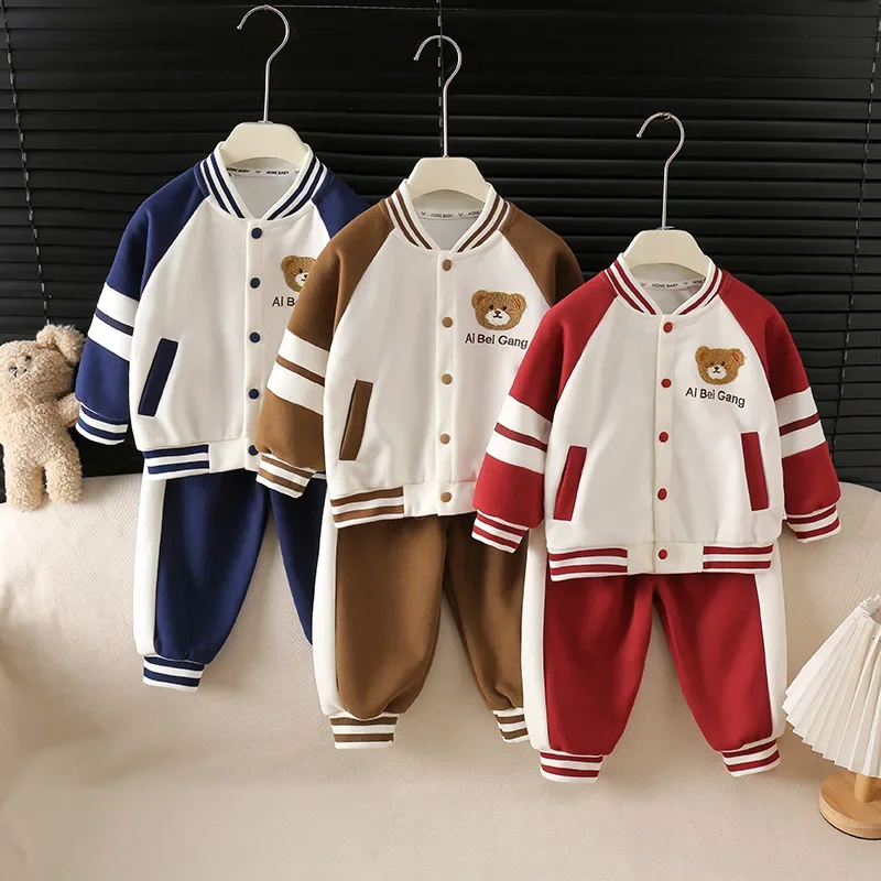 

Autumn New Boys 2Piece Set Teddy Bear Cartoon Baseball Jacket and Pants Casual Sports Style Kids Outfit