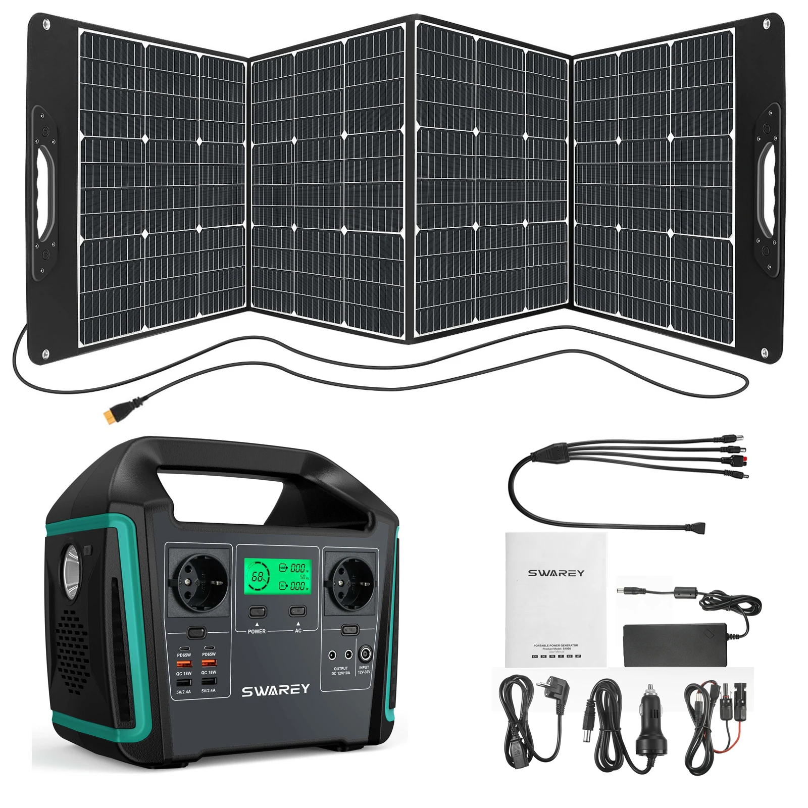 SWAREY S1000 1000W (1500W piek) Power Station Zonne-energiecentrale 725.76Wh Noodstroomvoorziening Oplader Powerbank met 200W Zonnepaneel