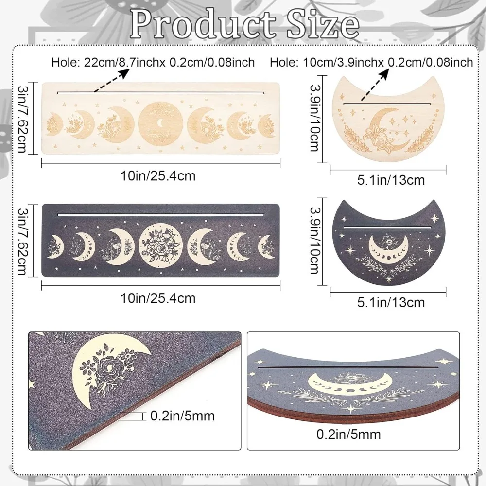 4 Pieces 2Colors Wooden Tarot Card Stand Holder Moon Phase and Flowers Pattern Tarot Card Black Altar Stand Rectangle making kit