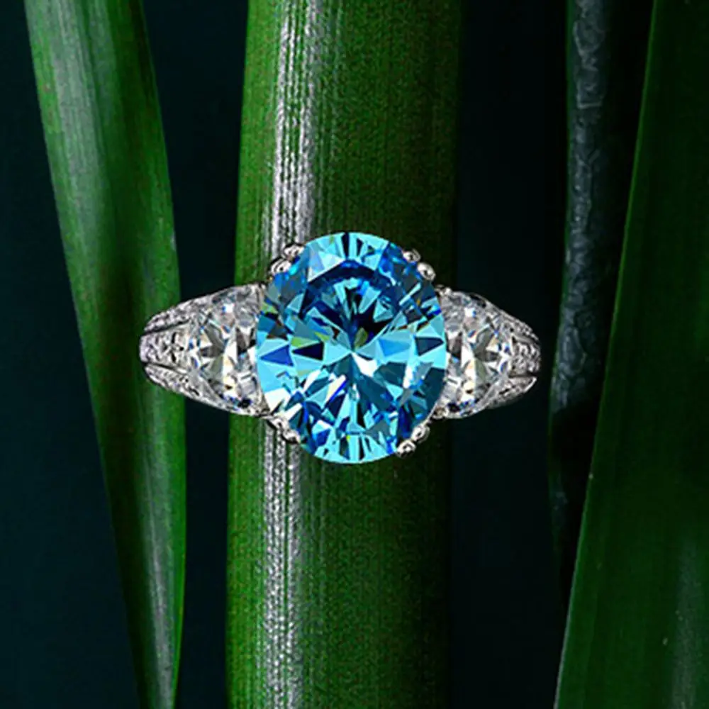 NewS925 Pure Silver 3.5ct High Carbon Diamond Ring, Women's Egg Shaped Simulated Sea Blue Gemstone Full Diamond Wedding Jewelry