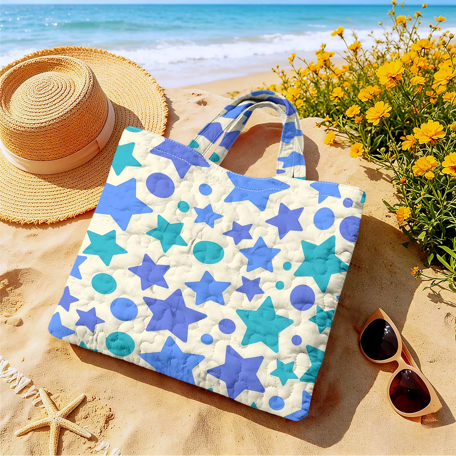 Pastel Star Dot Large Capacity Canvas Shoulder Bag Dual Side Print Tote Bag Daily Shopping Bag Fashion Gift Handbag