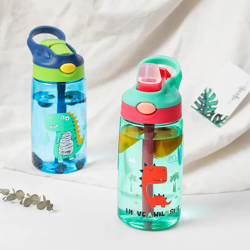 480ml Kids Cartoon Dinosaur Water Sippy Cup with Straw Leakproof Water Bottles for School In Summer Outdoor Portable Water Cup