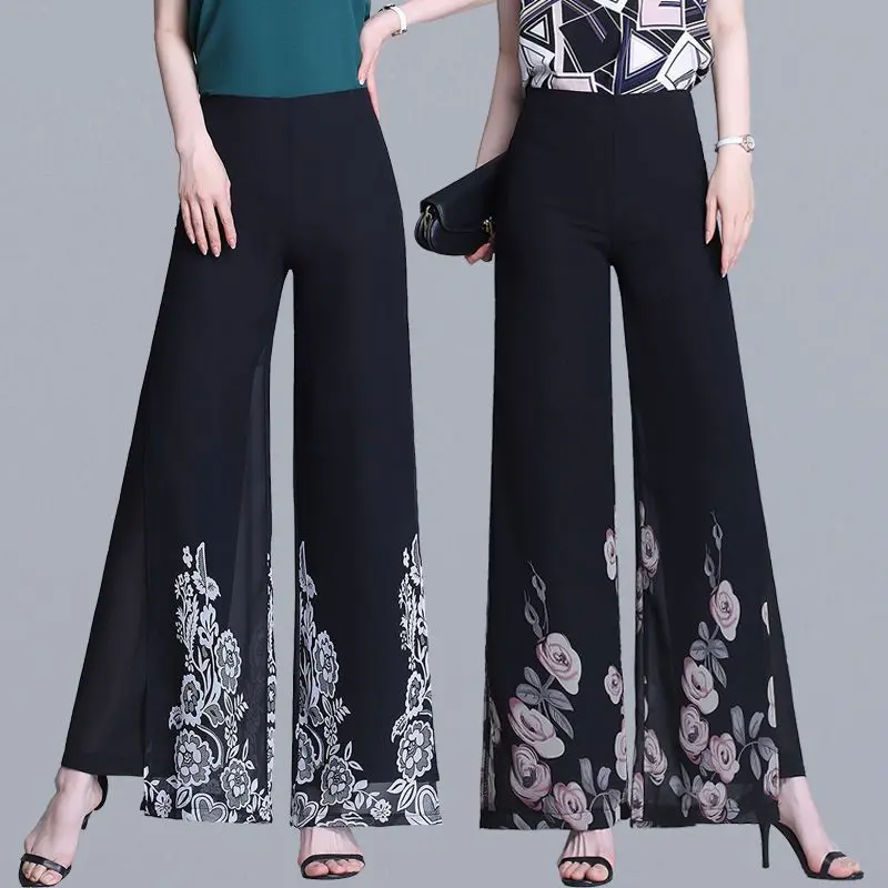 

Chiffon Printingwide Leg Pants Summer High Waist Fashion Loose Straight Women Clothes All-match Irregular Floral Thin Trousers