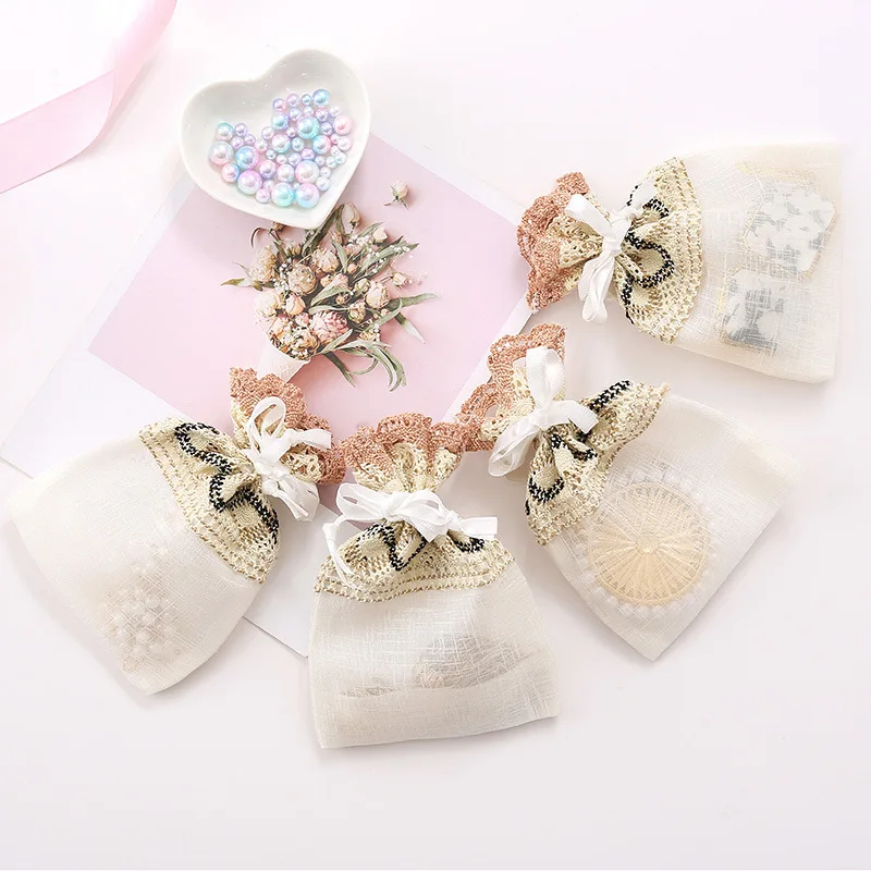 1pcs Beige Drawstring Gift Small Hole Lace Bag Wedding Candy Jewelry Souvenir Packing Storage Bags for Guests Ornaments Box