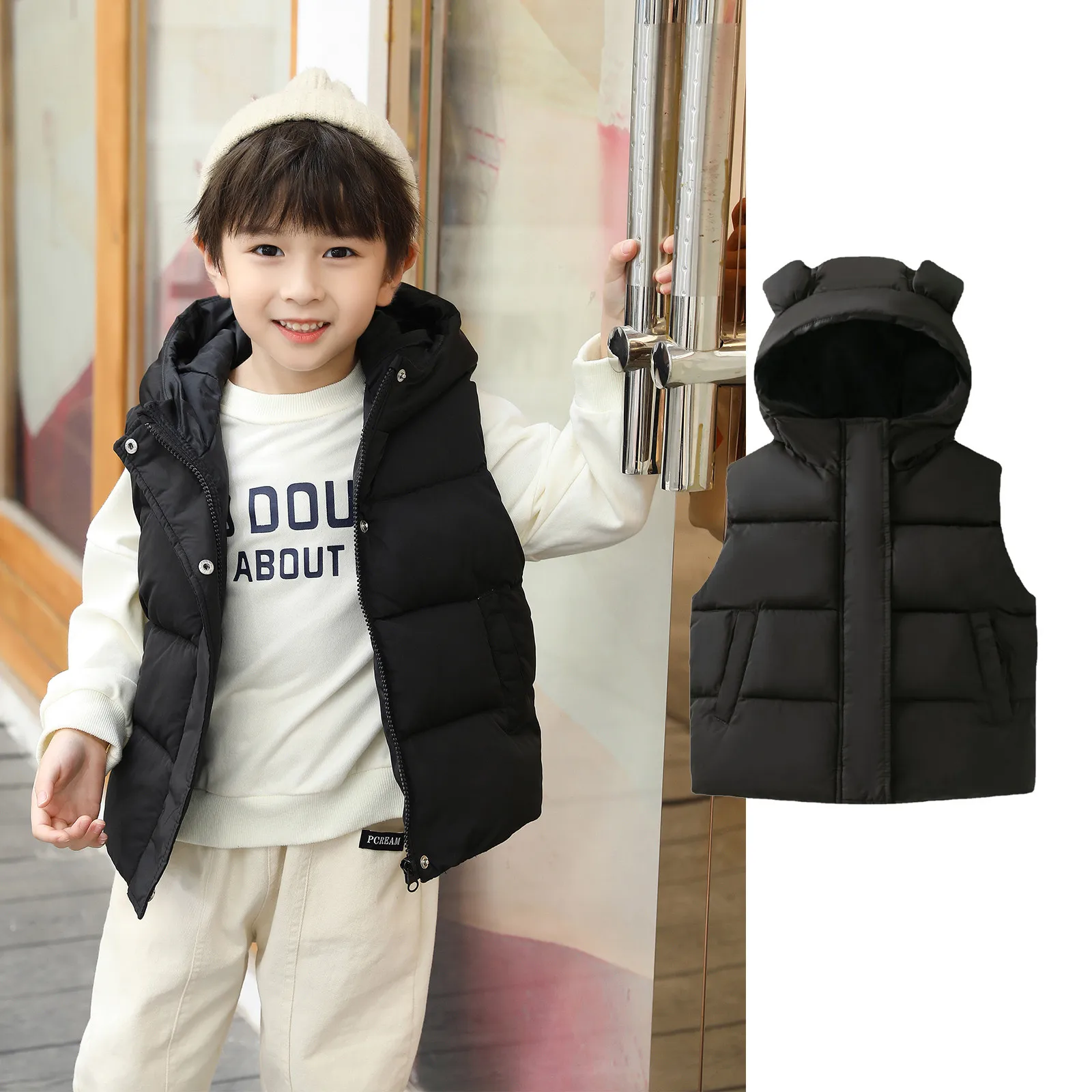 Girls Lightweight Jacket Toddler Boys Girls Sleeveless Winter Warm Outwear Vest Jacket Coat Bear Ears Solid Kids Snow Jacket