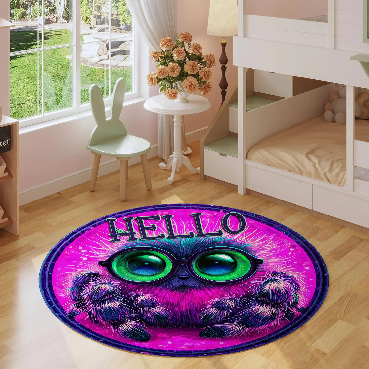Hello Cute Fluffy Spider Green Glasses Pink Background Pattern Holiday Luxury Round Mat Elegant Area Rug Home Decor