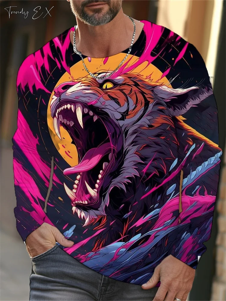 Men\'s T-Shirts 3D Tiger Print Streetwear Harajuku Fashion O-Neck Graphic T Shirts Tops Casual Sport Long Sleeve Gym Clothing Men