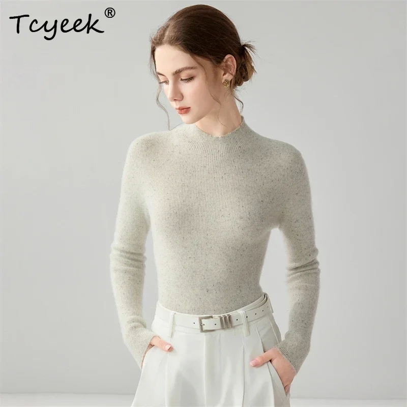 Daily Women Pullover Sweater Flower Yarn Autumn Winter 100% Cashmere Sweater Knit Slim Inside Join Mock Neck Office Lady Clothes