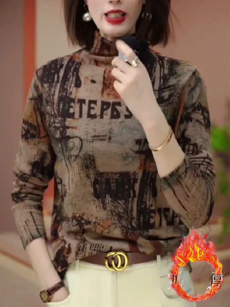 

Утепленная женская зимняя модная облегающая термо-кофта с высоким воротником и принтом, с длинным рукавом, из трикотажа