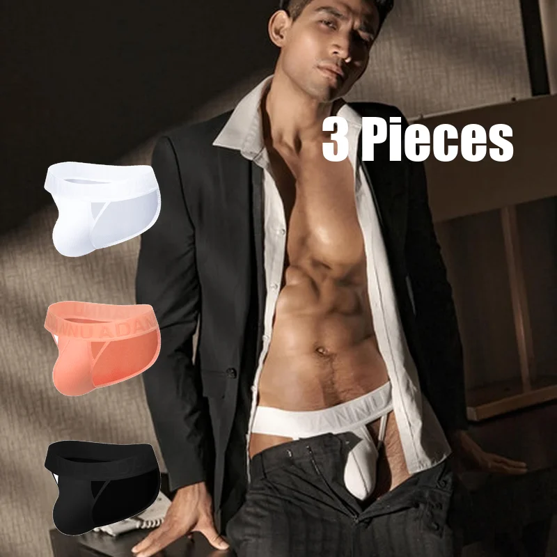 

3pcs Men's Double-Front Cutout Thong - Ribbed Cotton Sexy High-Cut Sport Lifting Solid Color Underwear